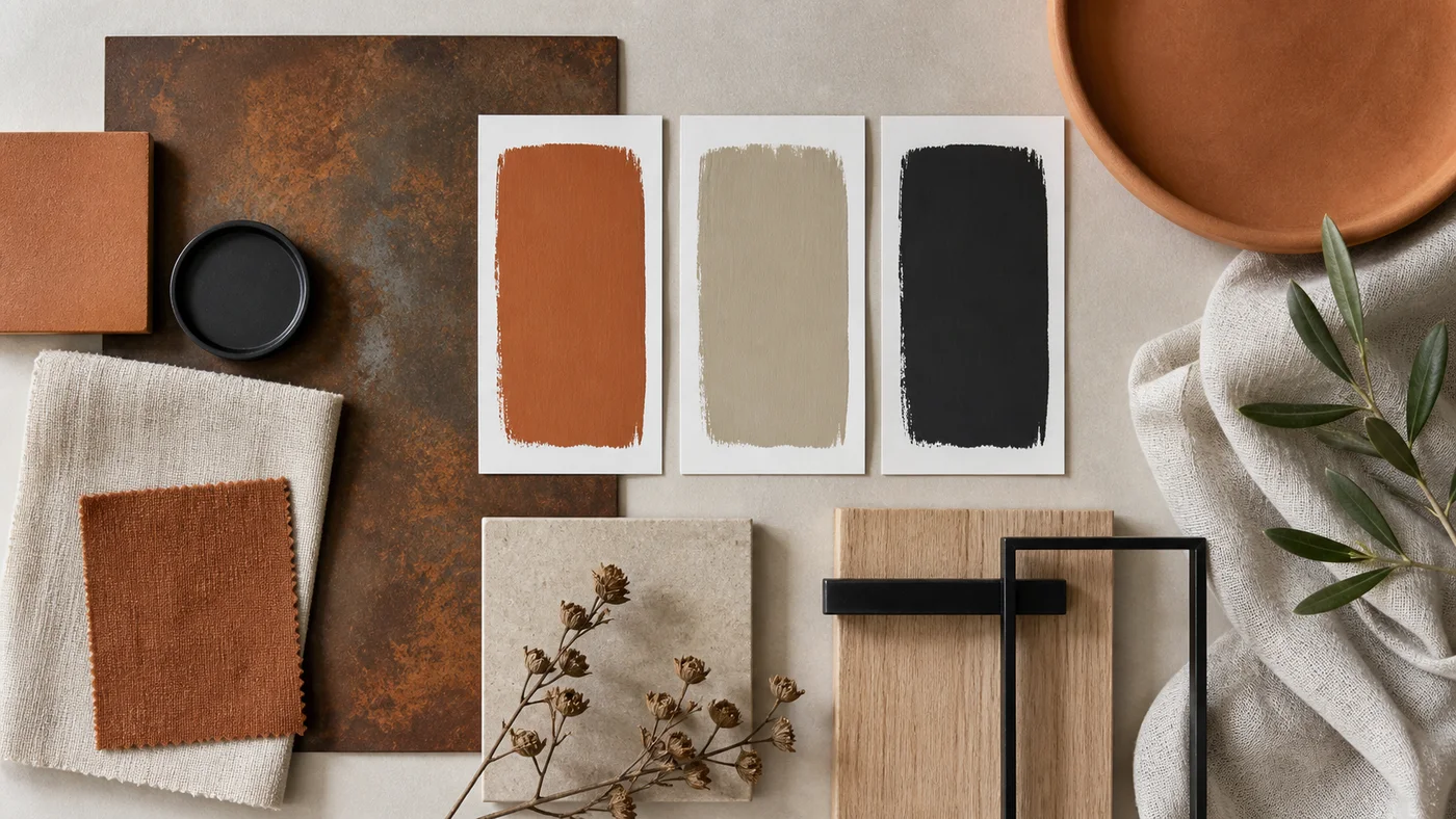 Moodboard de matières autour d’une peinture effet rouille