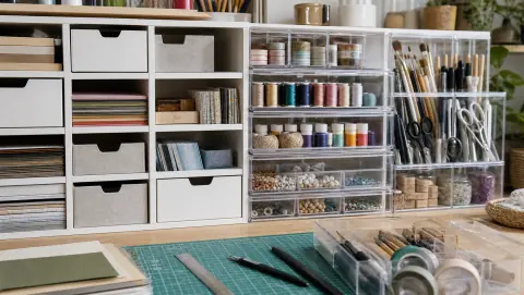 Tiroirs modulaires et boîtes de fournitures créatives bien organisés