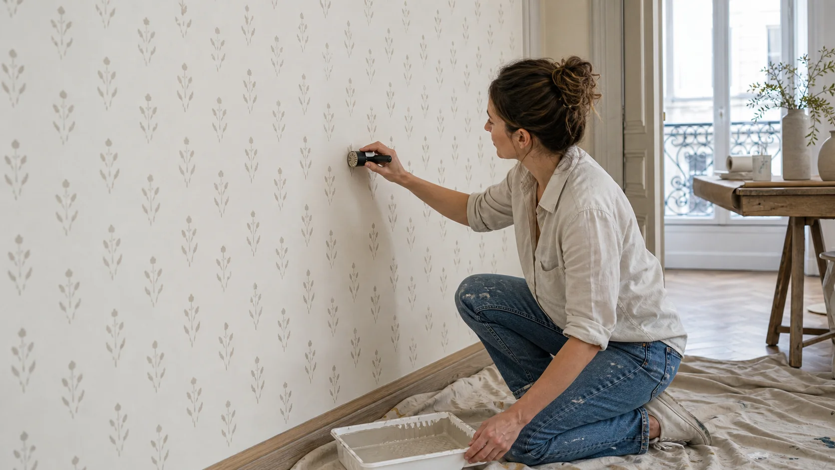 Application d’un tampon de peinture murale sur un mur clair