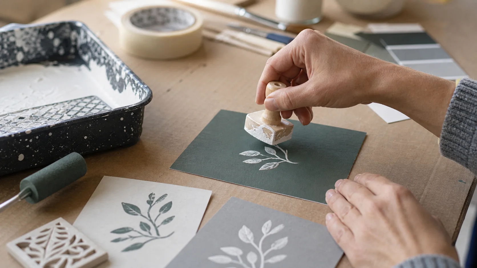 Test de tampon peinture sur carton avant application murale