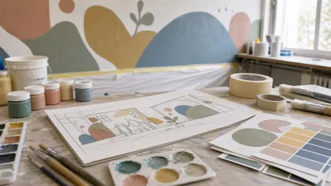 Échantillons de peinture lavable et croquis de fresque scolaire sur une table