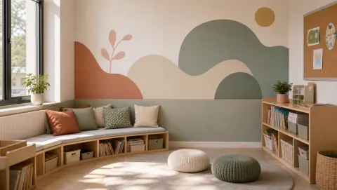 Coin lecture d’école primaire avec fresque abstraite douce