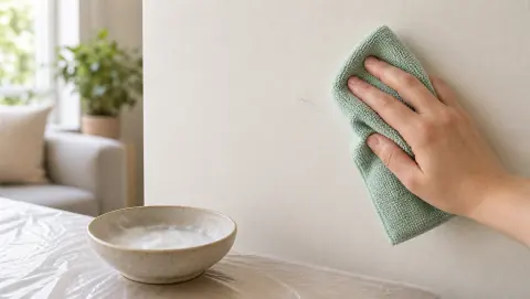 Nettoyage doux d’une petite trace sur un mur peint avec chiffon microfibre