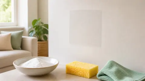 Bol de bicarbonate, chiffon doux et zone de test sur un mur peint