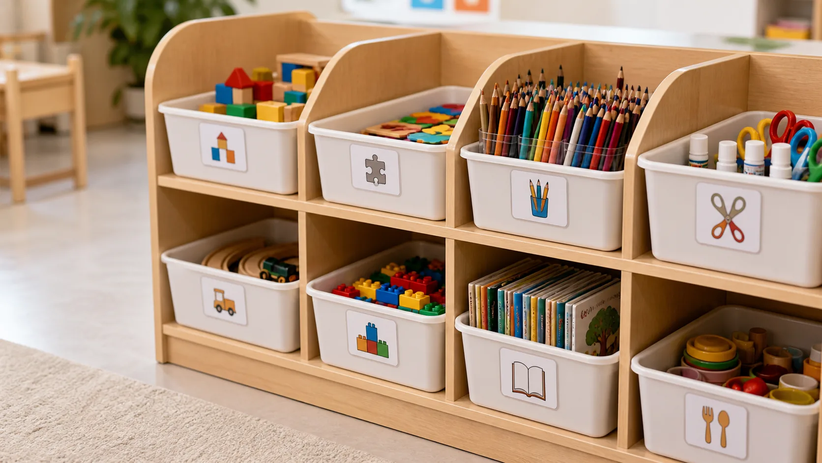 Casiers bas avec bacs amovibles et pictogrammes simples en maternelle