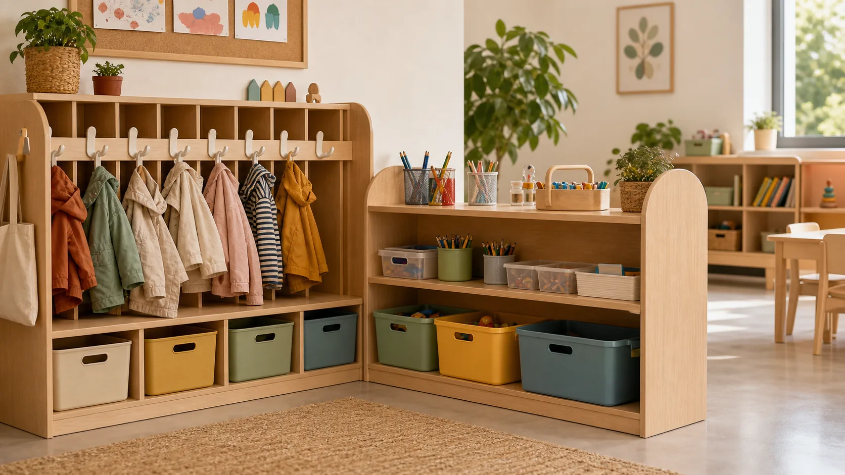 Vestiaire bas et zone de rangement atelier en maternelle