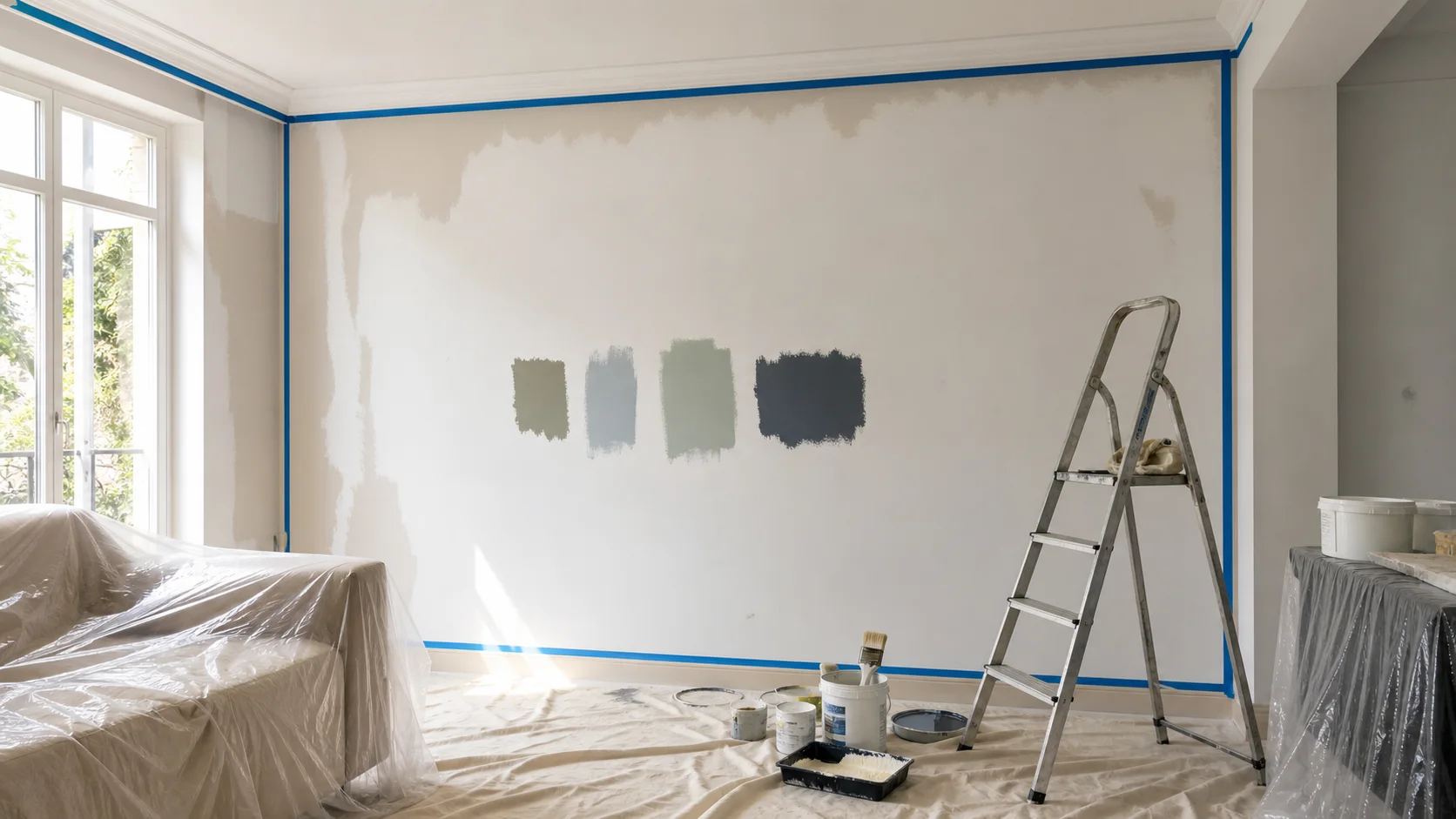 Mur préparé avec échantillons et protections avant peinture murale