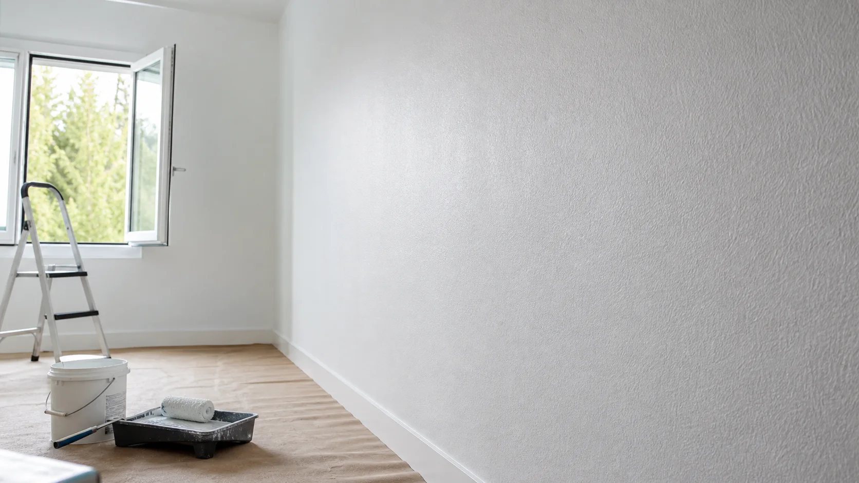 Mur rénové avec toile de verre peinte et fenêtre ouverte