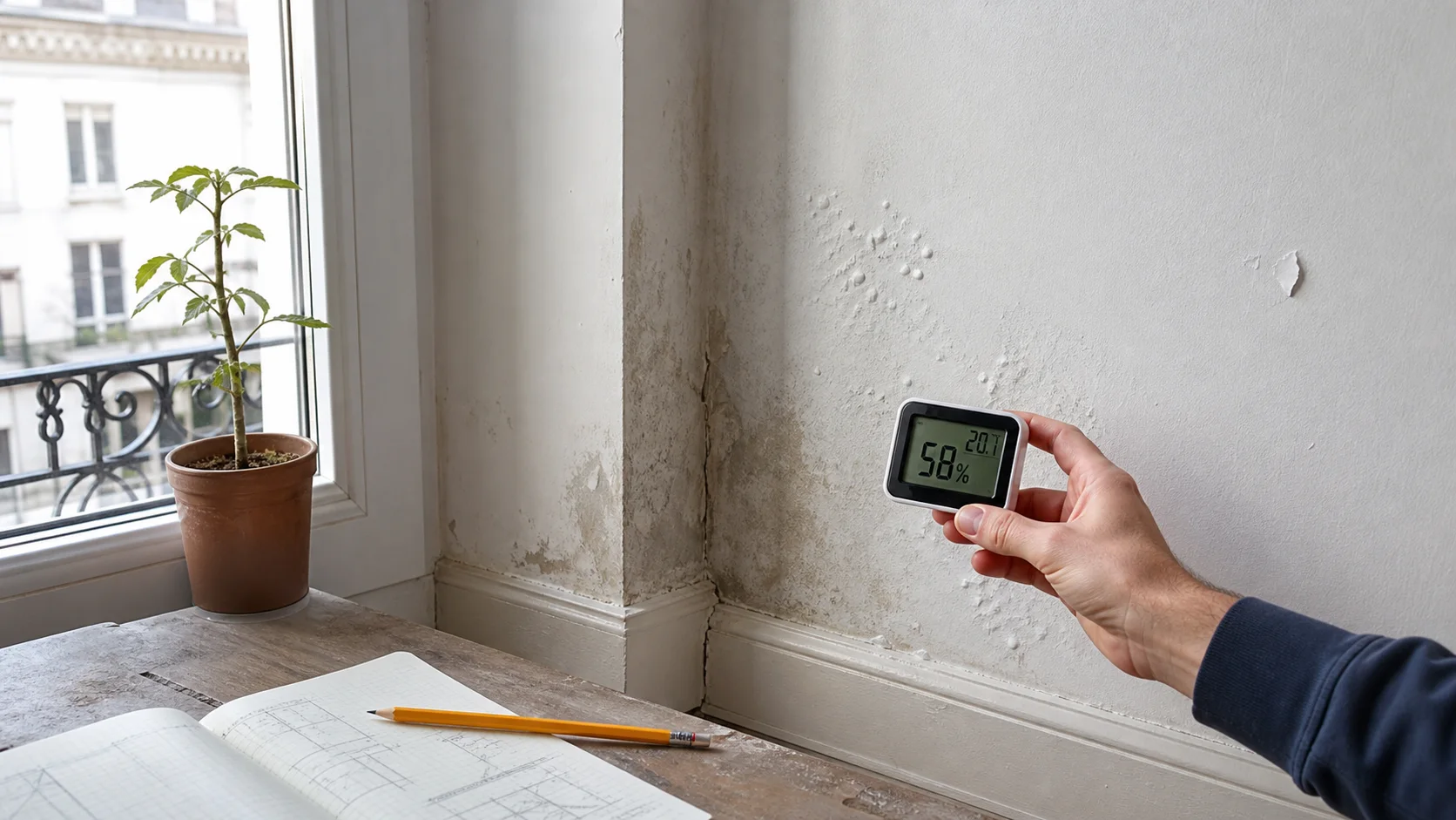 Contrôle d’un mur humide avec hygromètre près d’une fenêtre