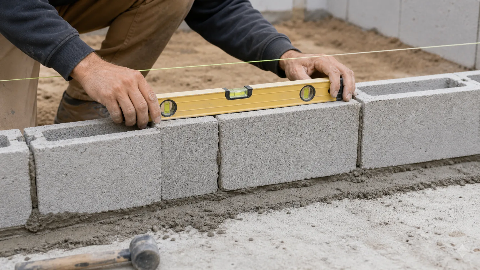 Contrôle du premier rang de blocs de béton avec un niveau
