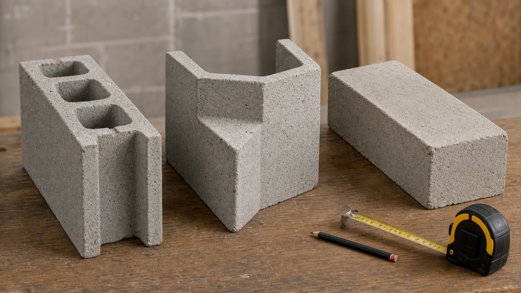 Différents types de blocs de béton avec mètre de chantier