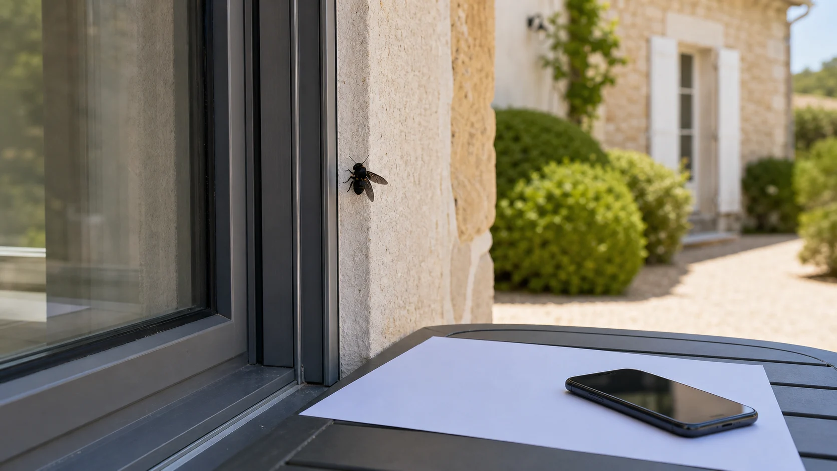 Inspection d’un gros insecte noir volant près d’une fenêtre