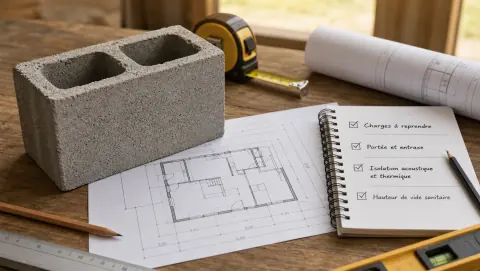 Échantillon de hourdis béton avec plan de pose et mètre sur une table