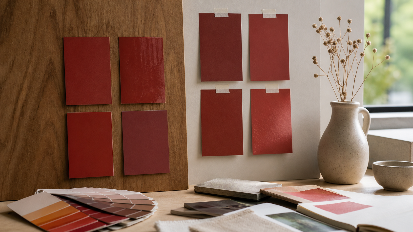 Cartes de test rouge mat et satin en train de sécher