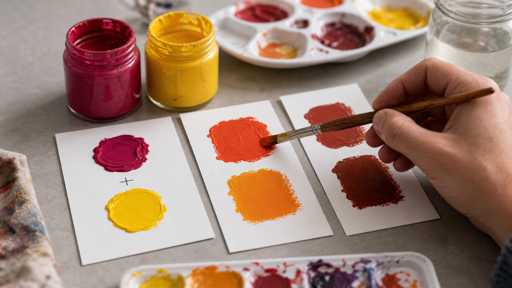 Tests de mélange magenta et jaune sur cartes blanches