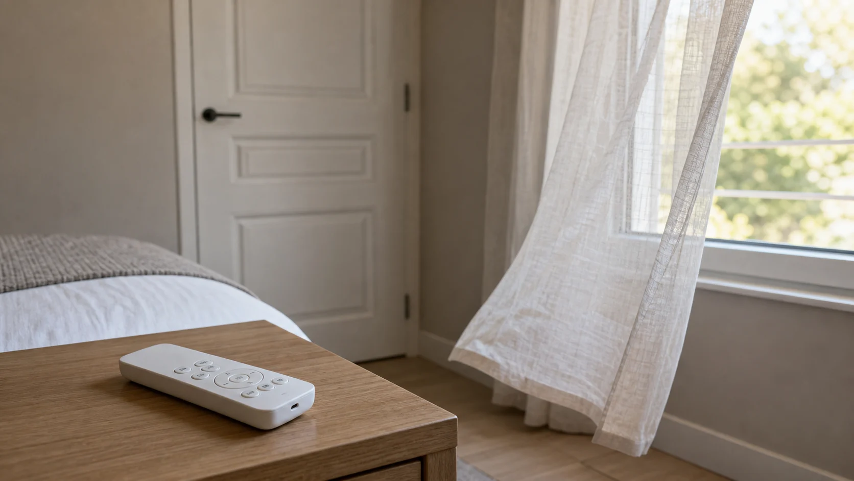 Chambre avec ventilateur de plafond et porte fermée