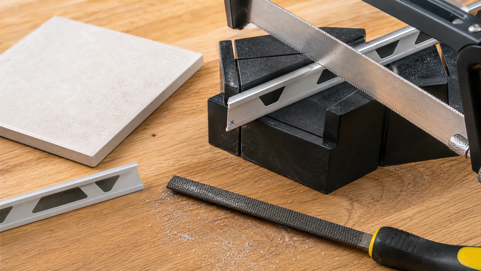 Coupe à 45 degrés d’une baguette de finition carrelage dans une boîte à onglet