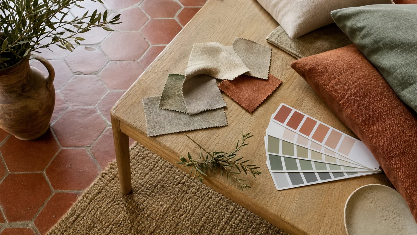 Palette de tissus et couleurs pour salon avec tomettes rouges