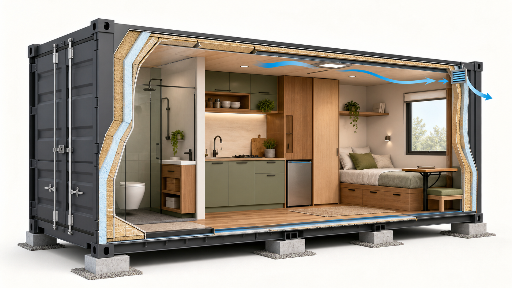 Vue en coupe d'une maison container montrant isolation, ventilation et supports