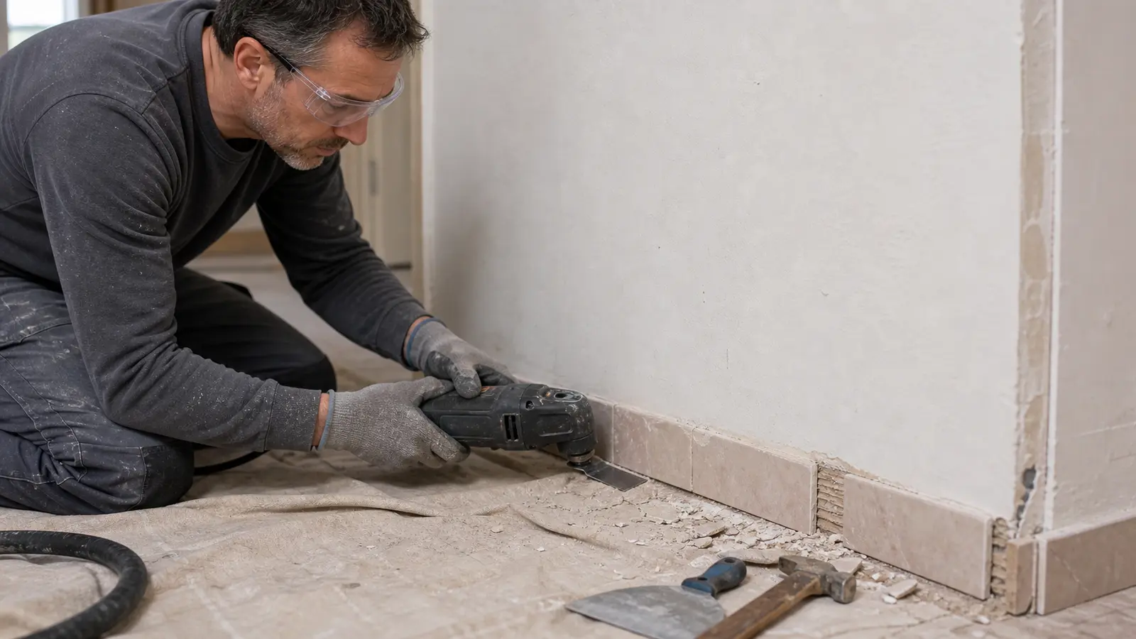 Outil oscillant utilisé avec prudence le long d une plinthe en carrelage