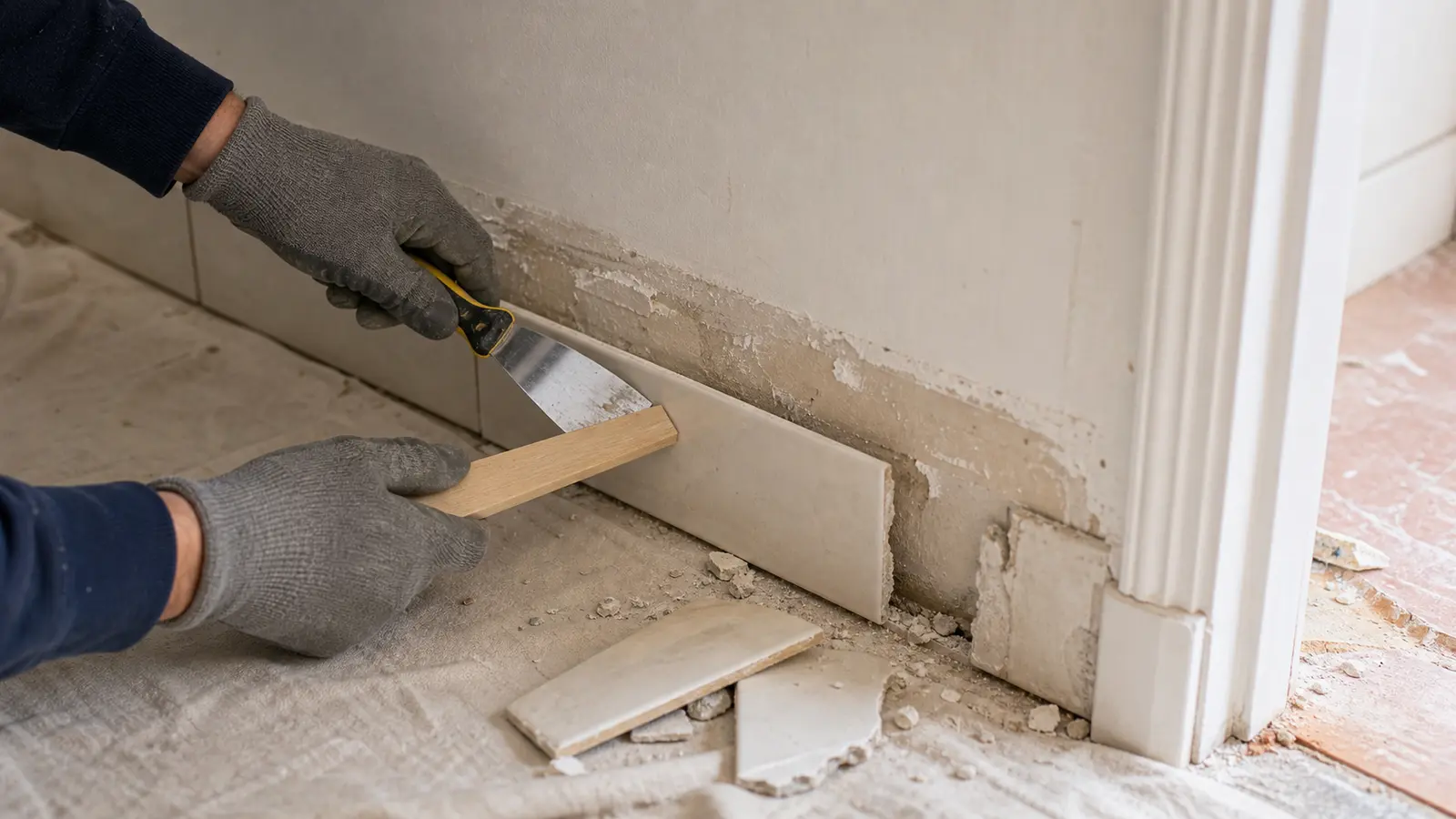 Retrait progressif d une plinthe carrelage avec spatule et cale