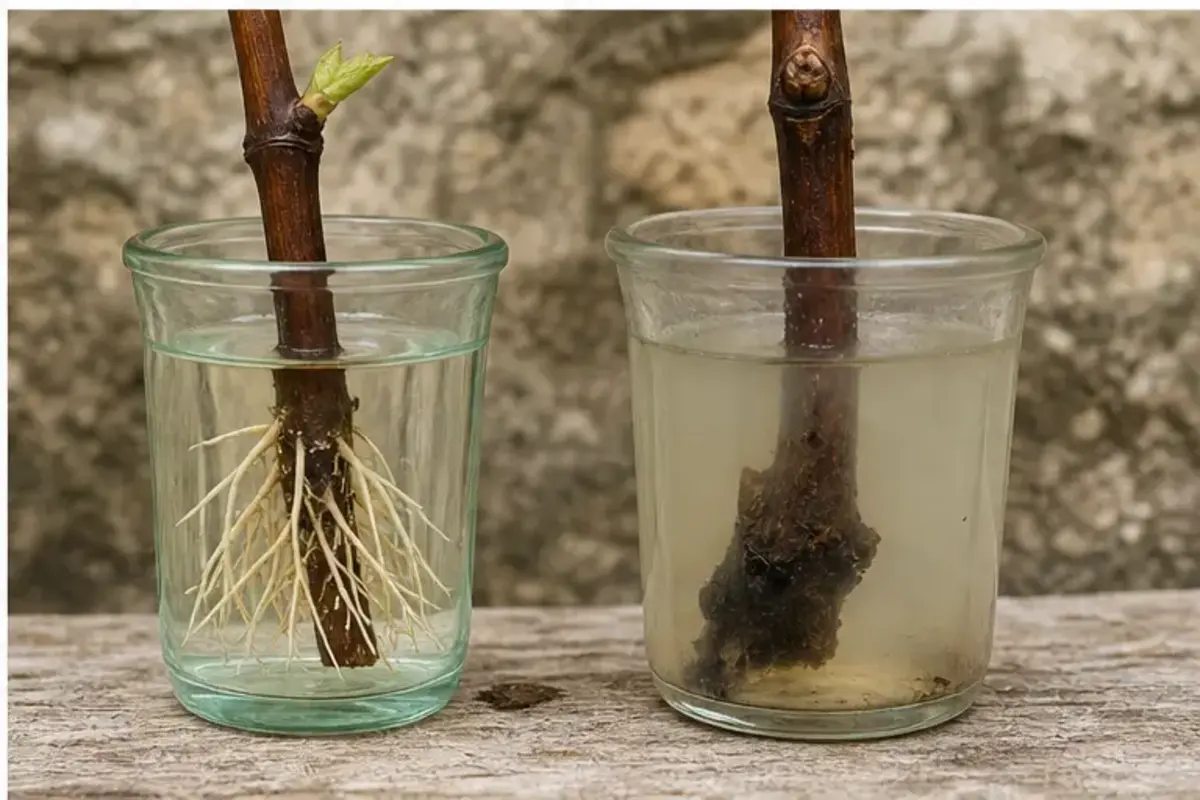 Comparaison entre une bouture de vigne saine et une base ramollie dans une eau trouble