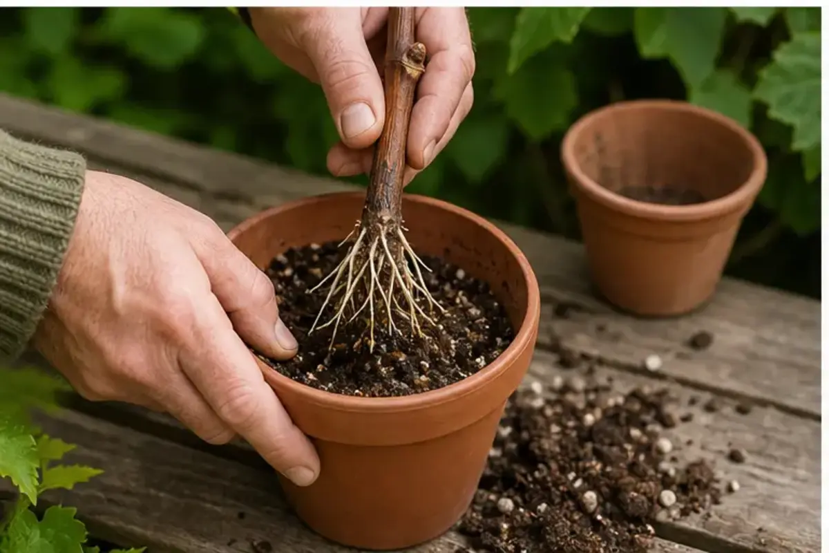 Repiquage délicat d’une bouture de vigne enracinée dans un petit pot