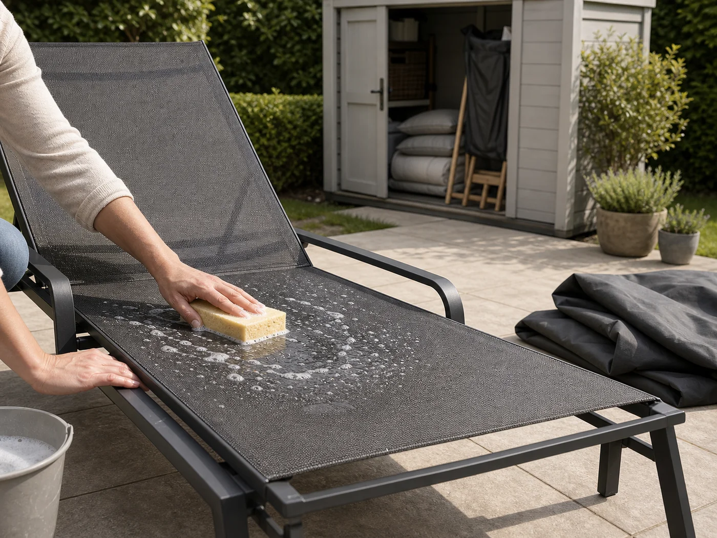 Nettoyage doux d une toile textilene sur un bain de soleil