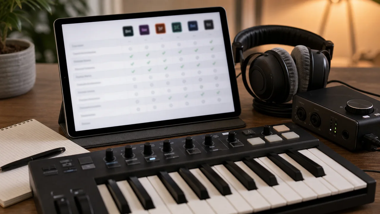 Clavier MIDI casque et tablette pour comparer les criteres d un logiciel de musique