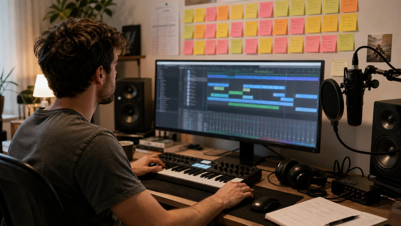 Createur musical organisant un workflow de production sur grand ecran