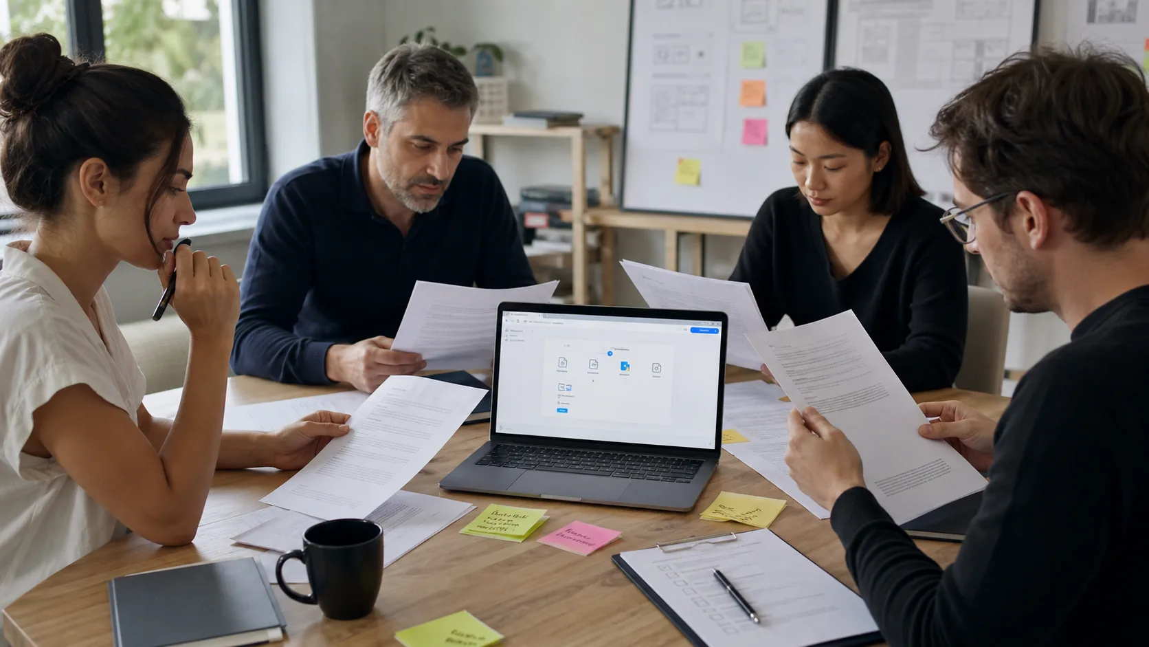 equipe design examinant des documents PDF et une checklist de confidentialite