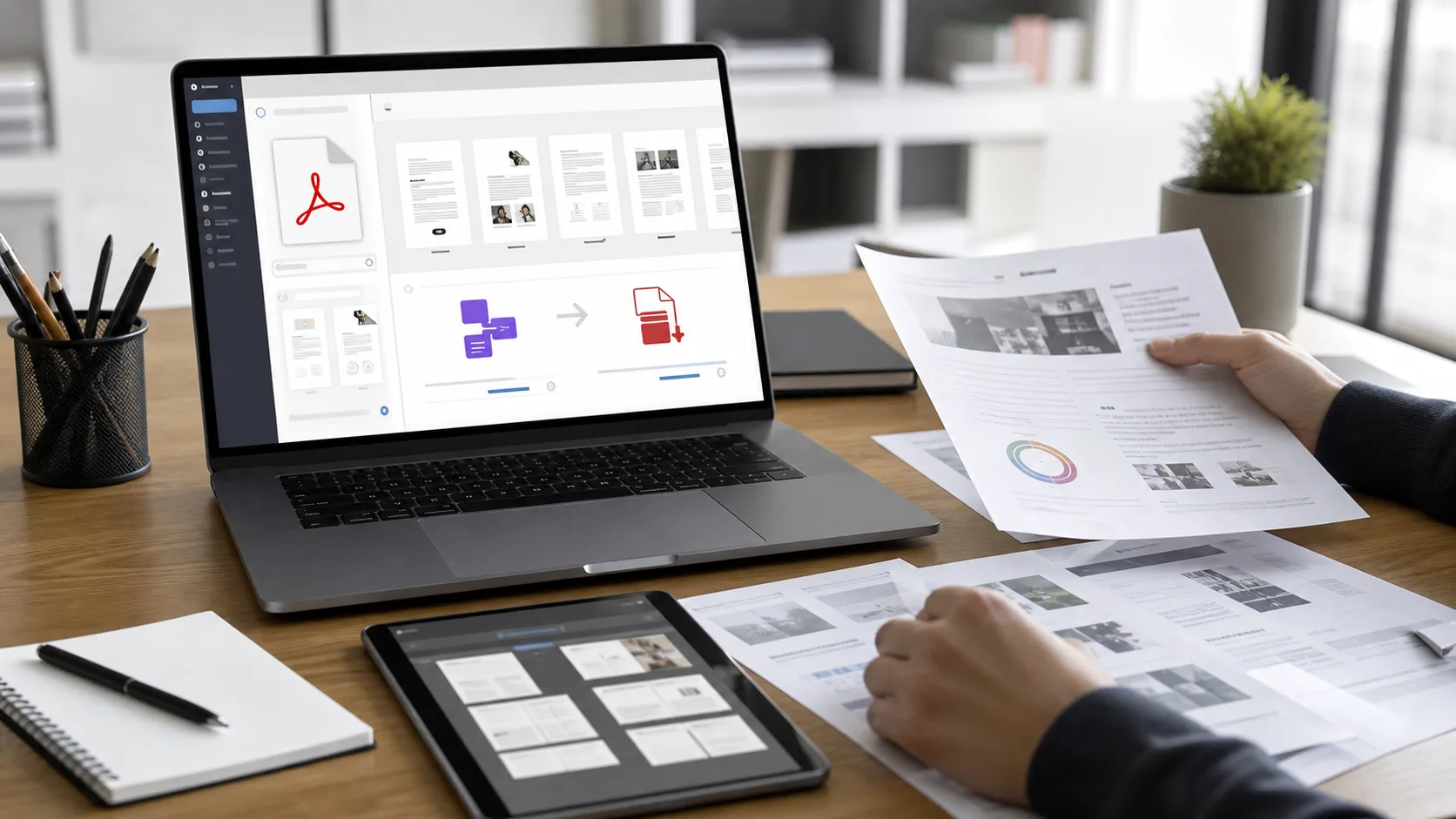 poste de travail UX avec documents PDF et interface de traitement generique