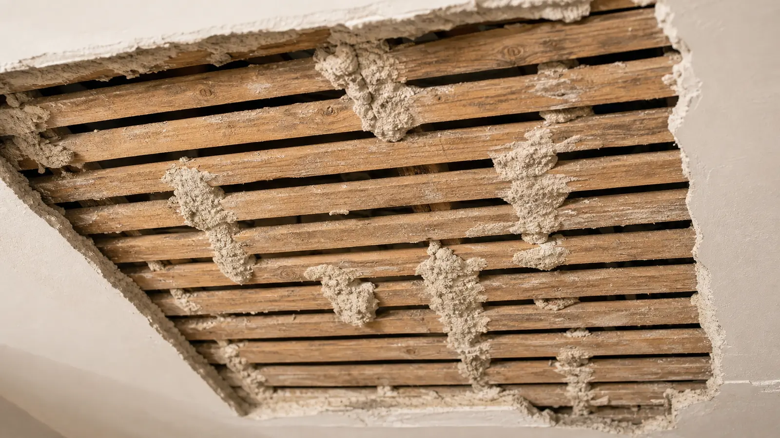 Détail de lattes de bois et plâtre ancien dans un plafond ouvert