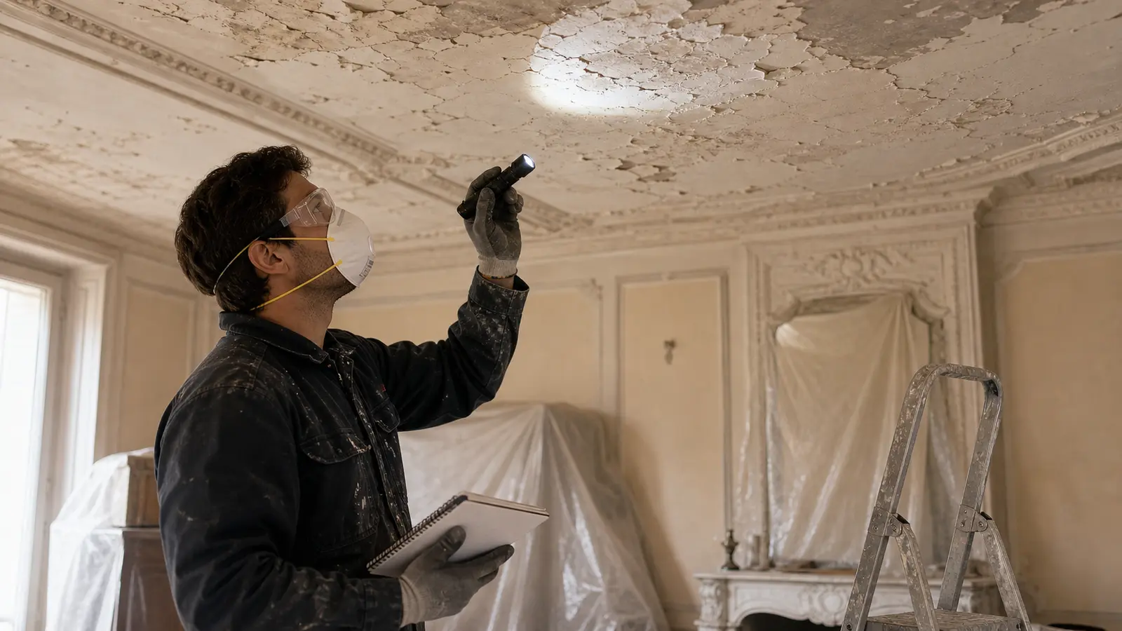 Inspection prudente d un plafond ancien avant rénovation