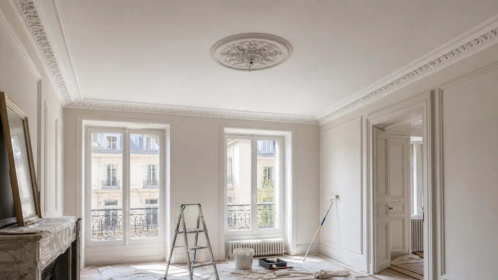 Plafond en plâtre ancien restauré avec moulures conservées