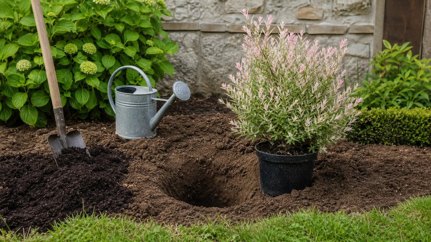 jeune saule crevette pres d une fosse de plantation preparee dans un jardin