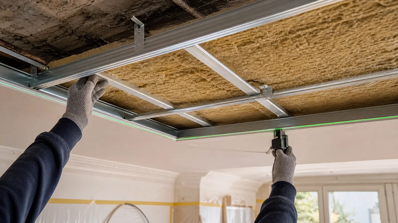 Contrôle d’une ossature de faux plafond avec isolation sous un plafond ancien