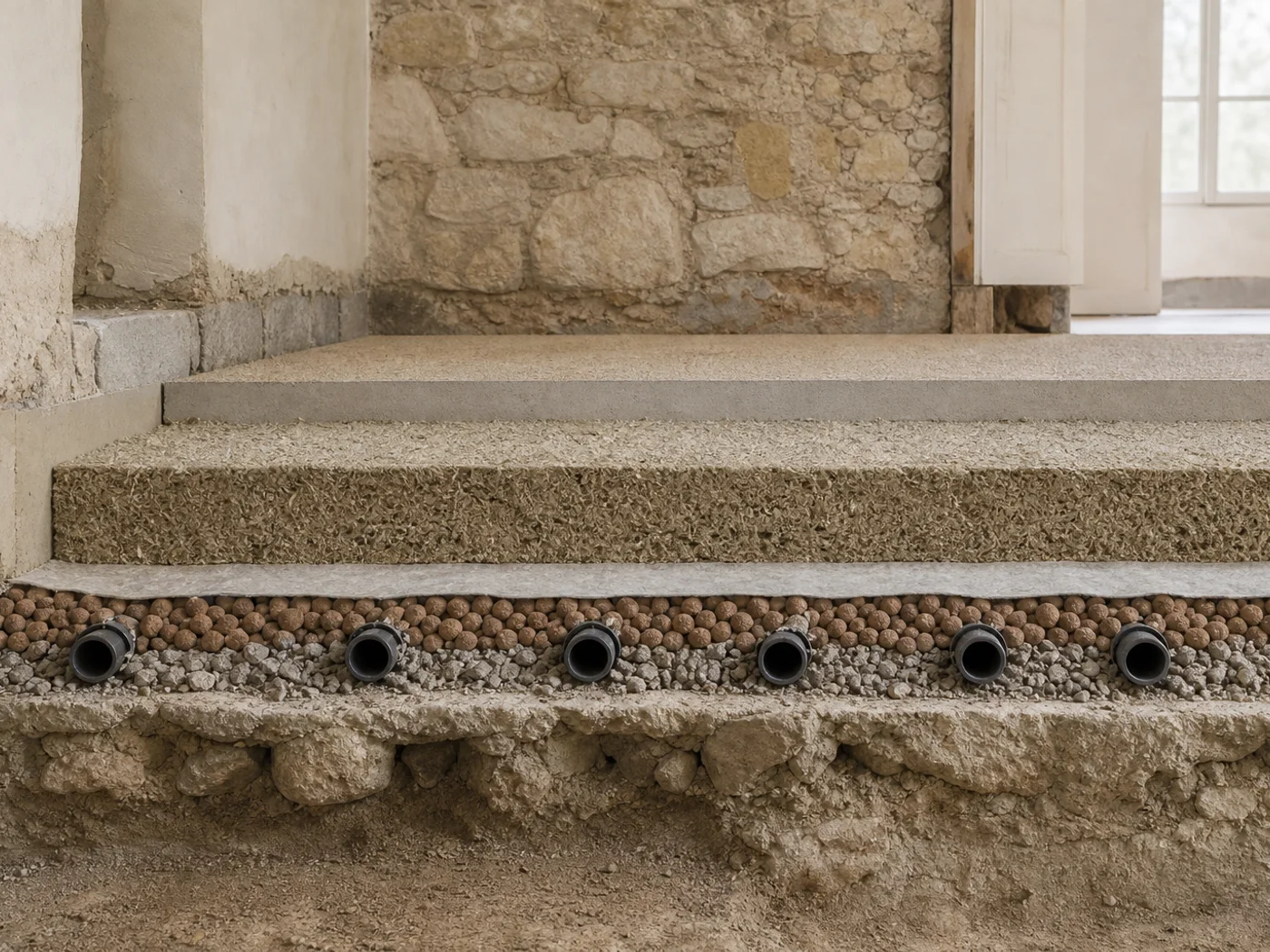Coupe de sol avec couche chaux chanvre et support ventile