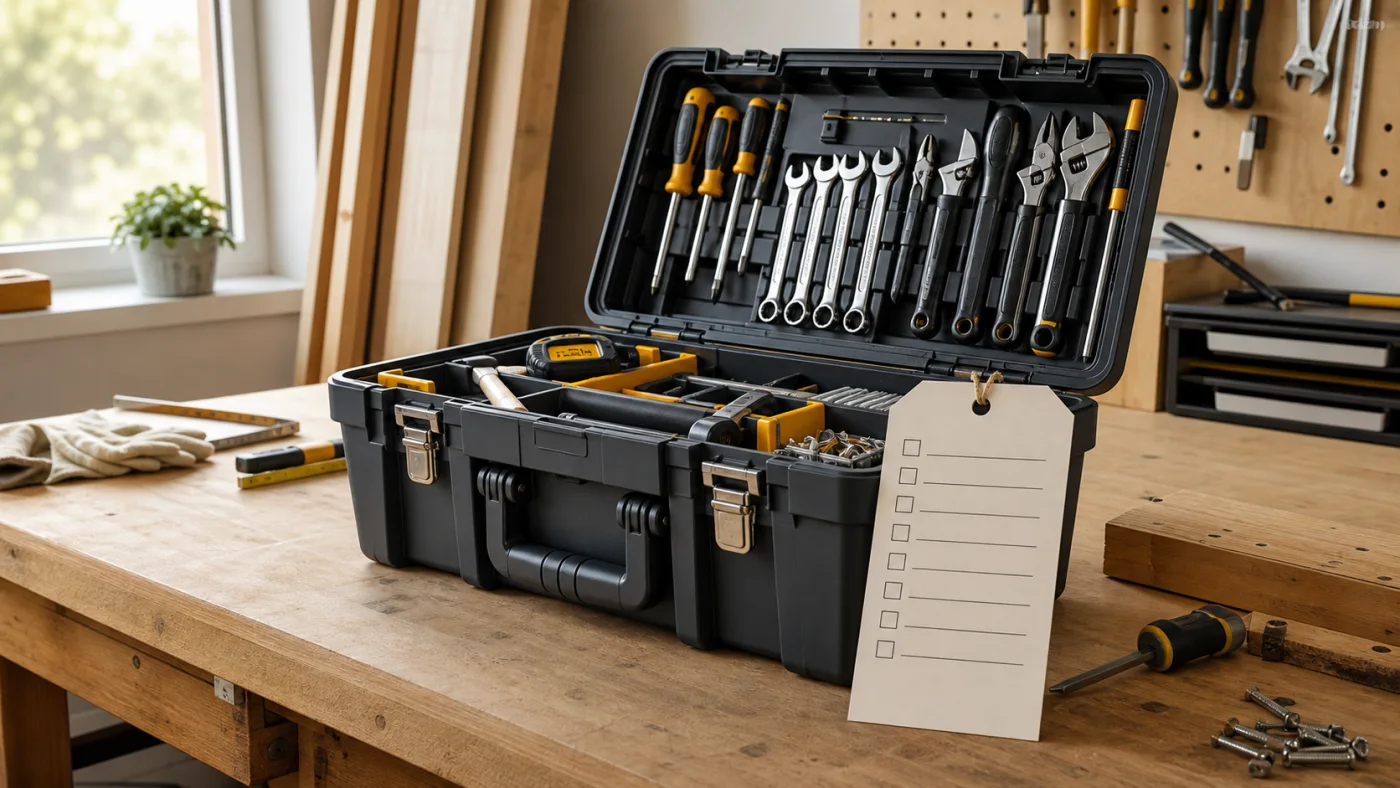Caisse à outils ouverte avec checklist vierge pour préparer un achat raisonné