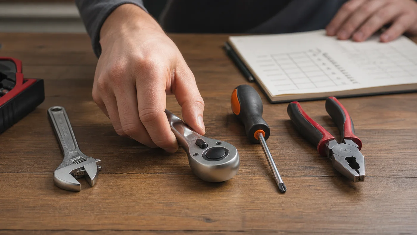 Comparaison d outils à main sur une table avec carnet de critères qualité
