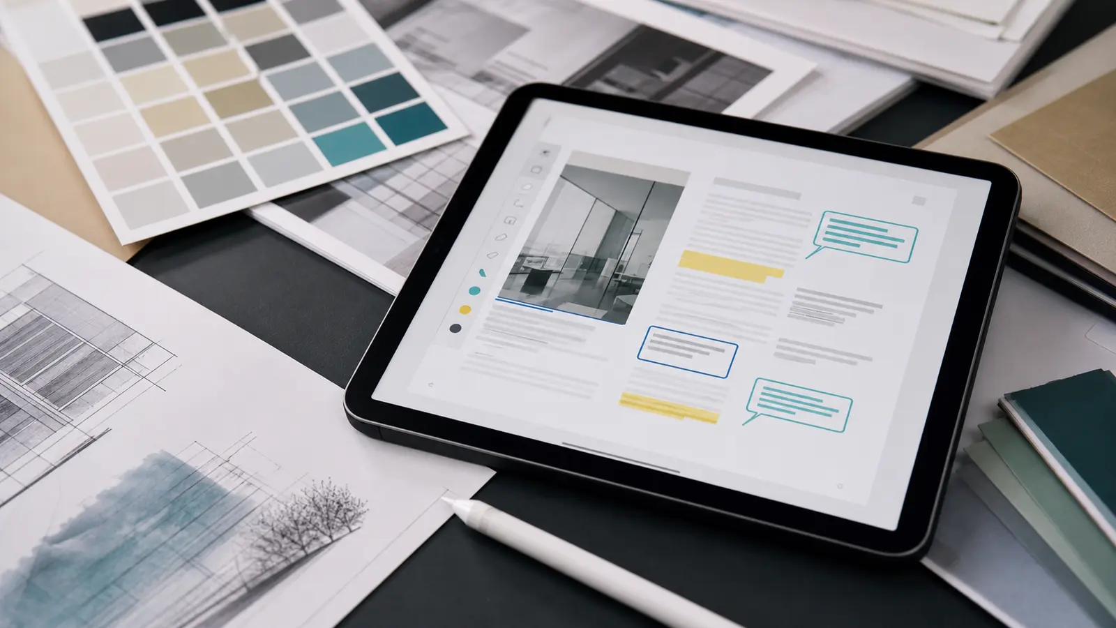 tablette avec document PDF annoté dans un studio de design