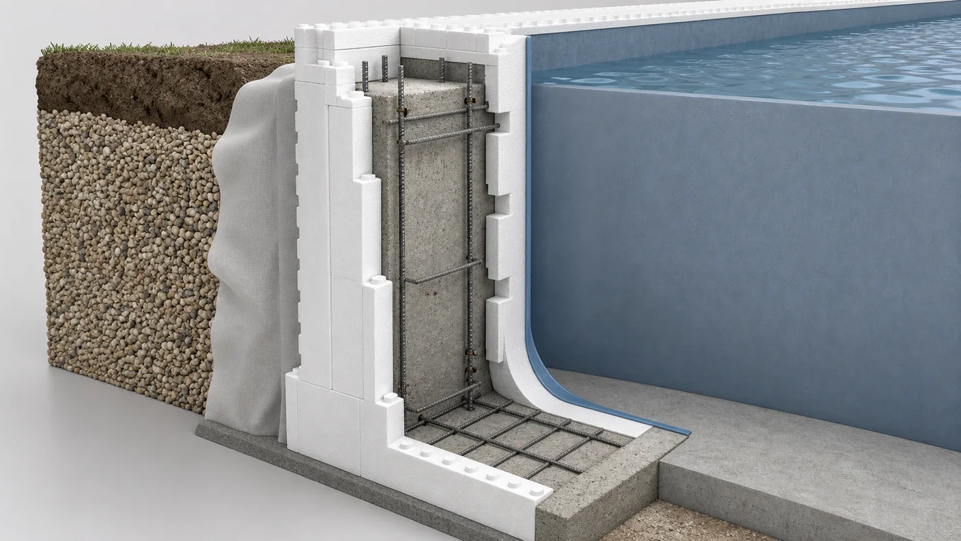 coupe technique d un mur de piscine en blocs polystyrène rempli de béton armé avec liner
