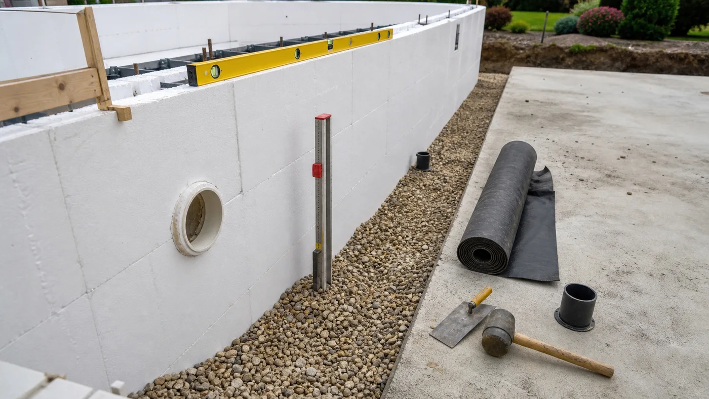 détails de chantier avec drainage et contrôle de niveau autour d une piscine en blocs polystyrène