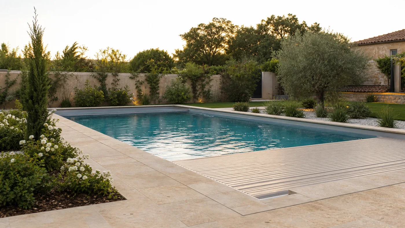 piscine terminée avec couverture de sécurité discrète et aménagement paysager sobre