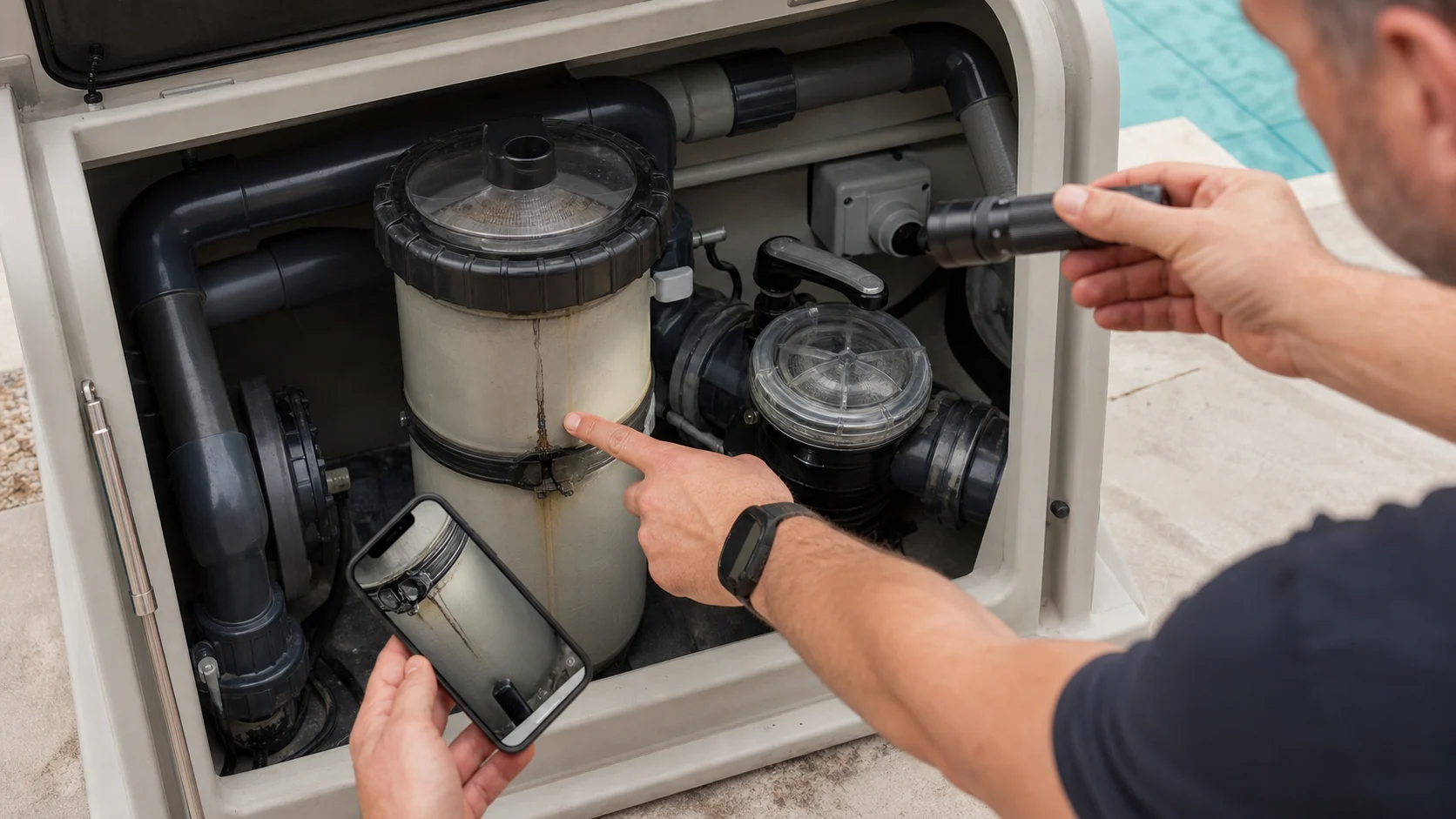 Inspection d’une fuite et des joints sur un bloc de filtration piscine