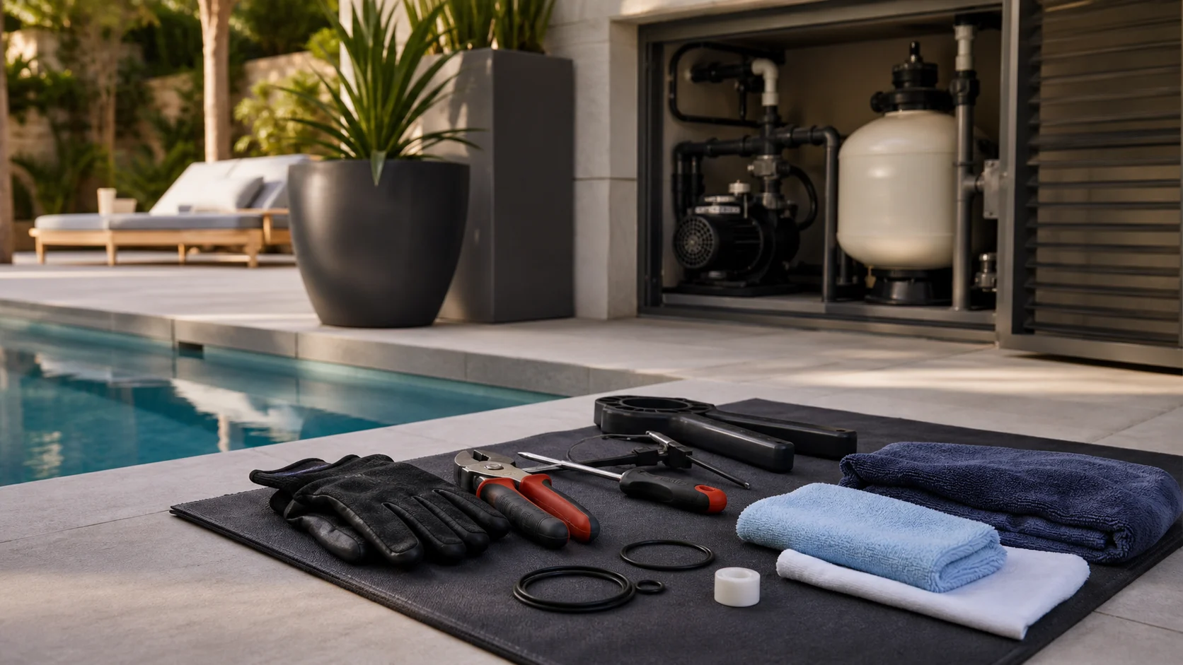 Outils, gants et joints préparés avant une intervention de filtration piscine