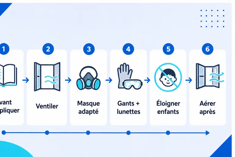 Infographie des étapes de sécurité avant d’appliquer un traitement du bois