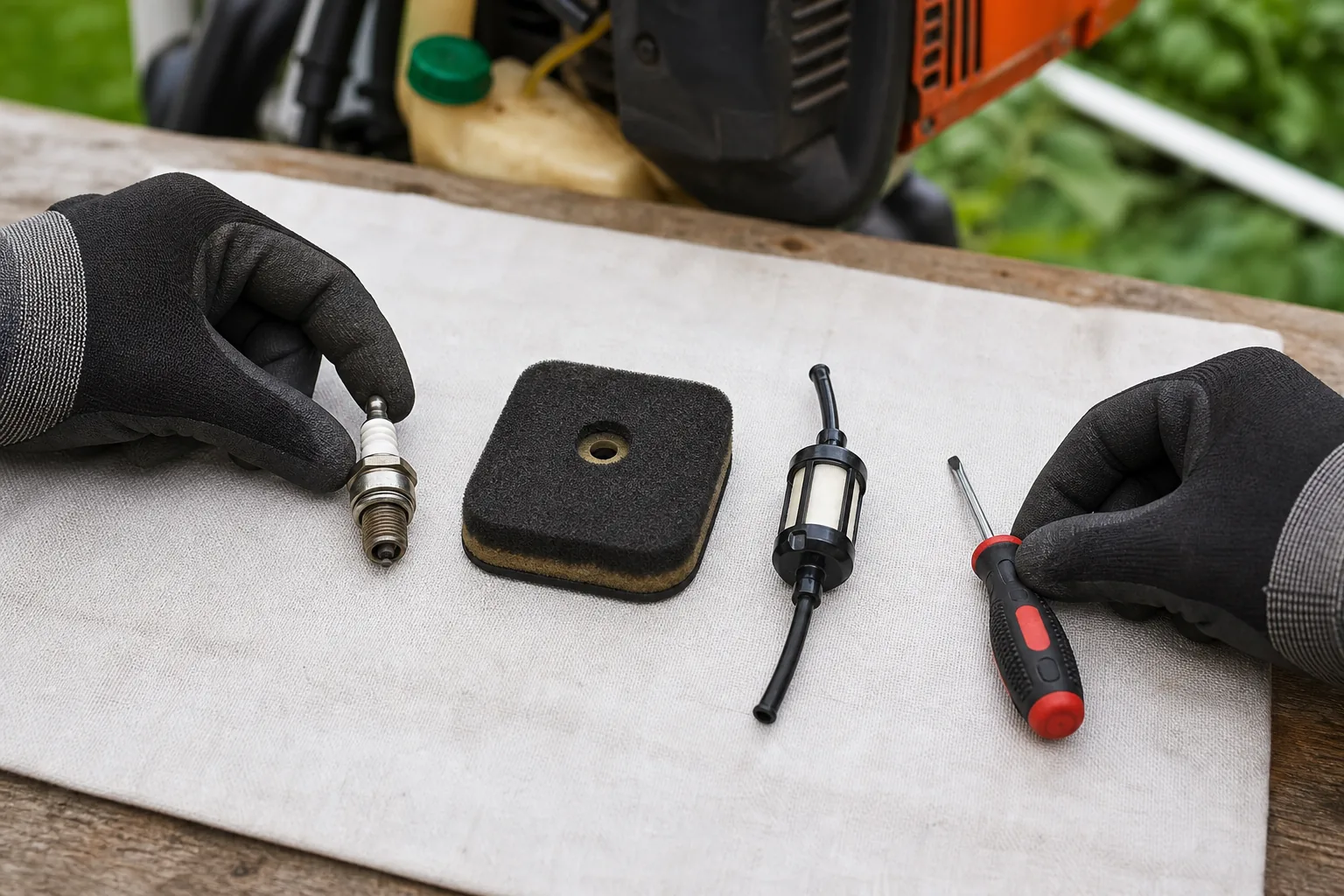 Bougie filtre à air et filtre à carburant contrôlés sur un établi de réparation