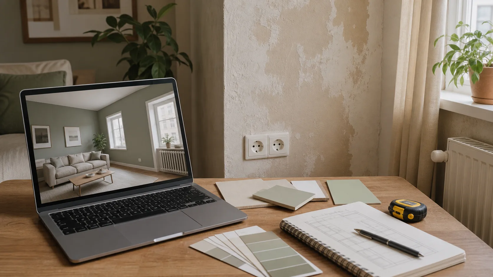ordinateur avec rendu 3D près d’un mur réel avec prises, radiateur et échantillons