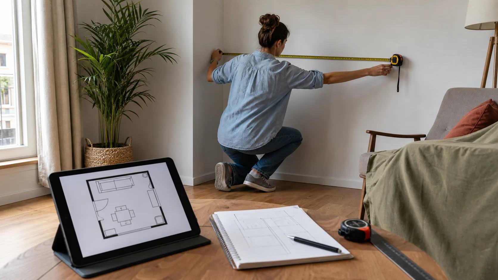 personne mesurant un mur de salon avant de dessiner un plan d’aménagement